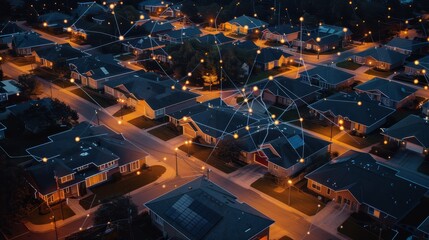 Peaceful suburban neighborhood at night, bathed in the glow of cyber security networks, showcasing a globally connected community