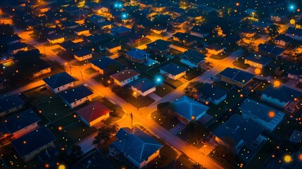 Night in the suburbs with homes lit by smart tech, highlighting a networked community in a global digital age