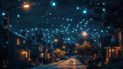 Night in a cyber-enhanced suburb, houses linked by data streams, secure and digitally advanced, under a global perspective