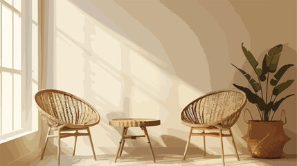 Wicker chairs and table near light wall in room Vector