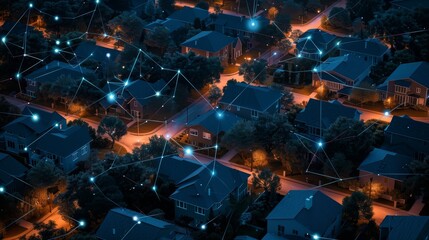 Night-time aerial view of a suburban area, houses connected by glowing digital networks, emphasizing security and technology