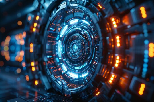 A detailed close-up of a futuristic digital tunnel interface with glowing lights and intricate patterns