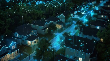 Ethereal night view of digital and cyber-enhanced suburban homes, symbolizing a tightly-knit, secure community