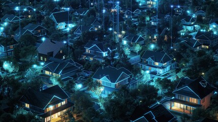 Ethereal night view of digital and cyber-enhanced suburban homes, symbolizing a tightly-knit, secure community