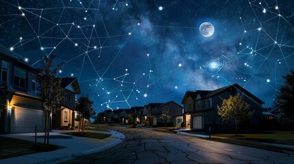 Digital overlays on suburban houses showing data streams and security networks, under a moonlit sky
