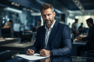 Fototapeta premium Businessman in His Office, a Portrait of a Confident and Successful Entrepreneur, Demonstrating Poise and Expertise in His Workplace