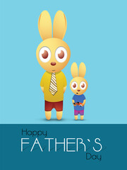 Happy Father's Day Greeting Card with Cartoon Rabbit Dad and His Baby (Bunny) on Blue Background.