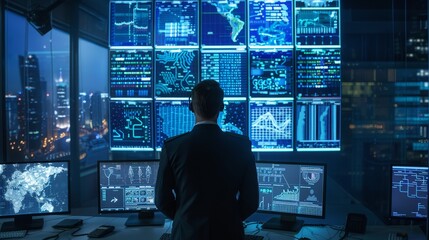Cybersecurity command center in action, multiple screens, urban digital maps, and network monitoring in real time