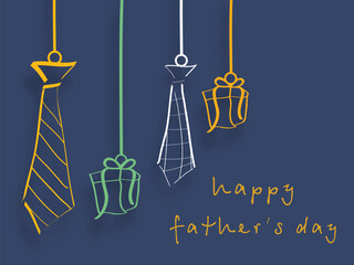 Happy Father's Day Greeting Card with Hanging Gift Boxes and Necktie on Greyish Blue Background.