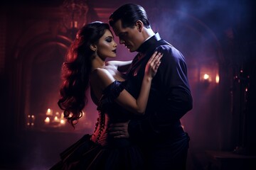 Vampiric Kiss, Dracula and Maiden's Intimate Halloween Dance - obrazy, fototapety, plakaty