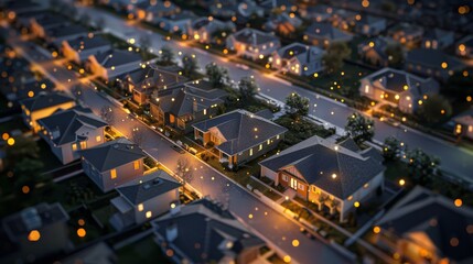 Obraz premium Aerial view of suburban area at night, homes lit by digital grids, showcasing a global tech integration, peaceful yet connected
