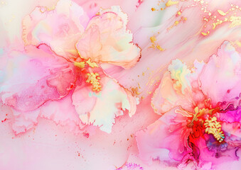 abstract fluid art paint by pink alcohol ink and gold foil in spring flowers form luxury theme and beauty feminine background