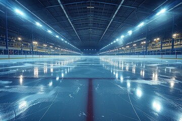 An expansive, empty indoor ice rink, brightly lit and freshly zambonied, reflects the overhead lights creating a glass-like surface