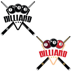 Billiard sport emblem, logo with crossed billiards cue. Black and white billiard team or sport club emblem design