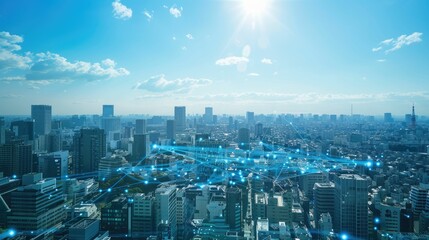 A sunlit cityscape with a futuristic network overlay symbolizing a connected smart city
