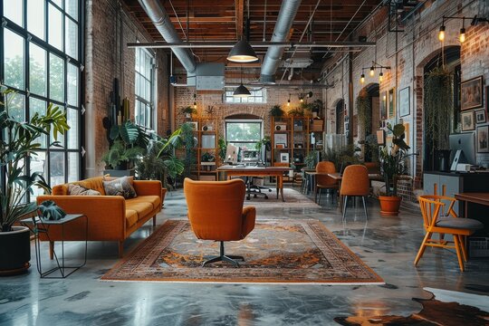 An industrial loft-style office space mixing rustic brick walls, modern furniture, and lush plants, creating an innovative working atmosphere