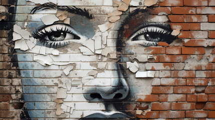 A tattered poster of a woman's face on a brick wall, half-torn yet staring defiantly.