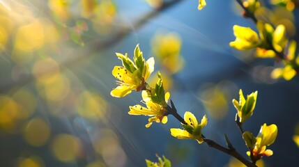 Close-up of yellow spring flowers blooming on a branch against a blurred background with natural sunlight. Macro photography with bokeh effect