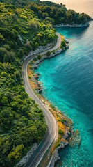 Obraz premium The road winding past the picturesque turquoise water at sunrise.