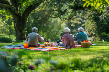Retirees enjoying a picnic in a green park, with blankets spread