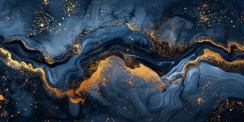 Fototapeta premium Beautiful Navy Blue Paint Swirls with Gold Powder. Modern Marbling Background.