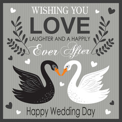 Happy wedding day card design with a couple of swans and lettering