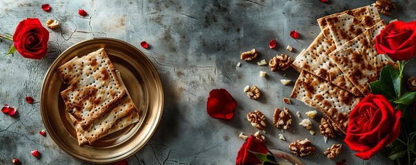 Fototapeta na wymiar Passover celebration concept. Matzah, red kosher walnut and spring beautiful rose flowers.. Traditional ritual Jewish bread on sand color old concrete background. Passover food. Pesach Jewish holiday.