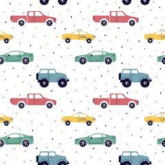 Seamless pattern with hand drawn cars, signs, dotss. Cartoon background for print, children, paper, print . trending art modern illustration