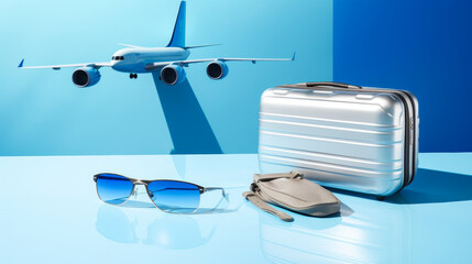 Modern airplane takes flight over travel essentials set against a vivid blue backdrop.