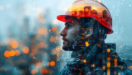 Portrait of a construction worker wearing a hard hat, overlayed with an image of a city skyline. Abstract double exposure photography. Urban development and industrial concept.