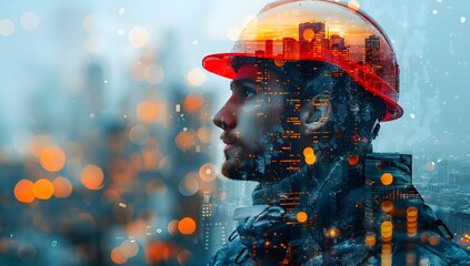 Portrait of a construction worker wearing a hard hat, overlayed with an image of a city skyline. Abstract double exposure photography. Urban development and industrial concept. - Powered by Adobe