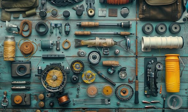 Overhead view of flat lay fishing tackle and supplies including lure, reel, hook and more to help angler catch fish.
