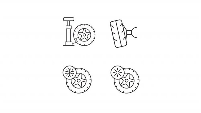 Tire service line animation library. Animated tyres icons. Seasonal tires. Tire changeover. Hand pump. Black illustrations on white background. HD video with alpha channel. Motion graphic