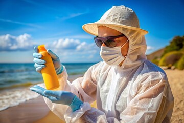 Sun Protection and UV Damage Prevention: A portrait of a person applying sunscreen or wearing protective clothing and accessories to prevent UV damage and maintain skin health.
