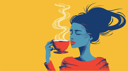 Woman with cup of hot coffee instead of her head an