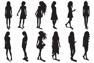 bundle of black silhouettes girls isolated on white background