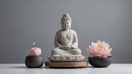Minimalist Buddha statue in a meditating stance on a flat white backdrop