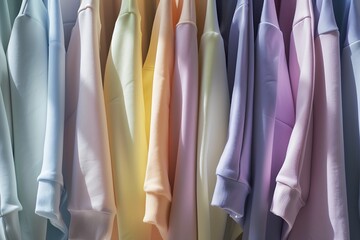 a lineup of colorful hoodies, ranging from soft pastel to vibrant shades. Show the hoodies neatly aligned