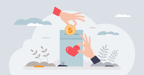 Giving campaigns and financial money donation box tiny person hands concept. Poverty awareness, social assistance and volunteering projects vector illustration. Donate finance for humanitarian aid.