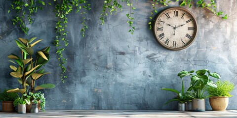 Springtime Background with Clock and Plants Against a Concrete Wall.