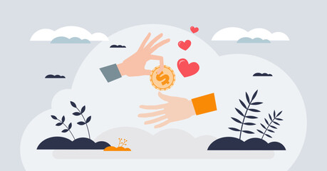 Charity and donation as financial support to poor tiny person hands concept. Money assistance as economical humanitarian help from philanthropy community vector illustration. Social solidarity.