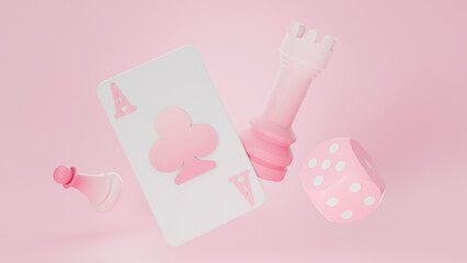 3d playing card chess pieces playing dice isolated pink