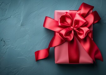Elegant Red Ribbon Gift Box on Textured Blue Background