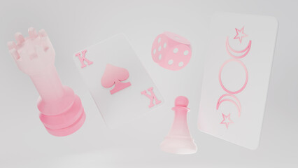 tarot card 3d playing card chess pieces playing dice isolated pink