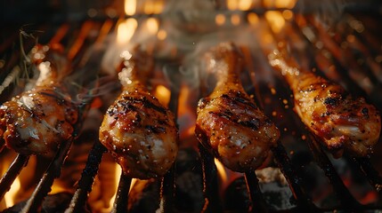 Seasoned drumsticks roasting on the barbecue, emitting a delicious aroma