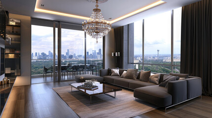 Dark gray interior design of a modern living room with a sofa, coffee table and chandelier. Floor to ceiling windows overlooking a city skyline.