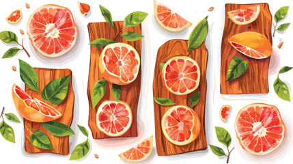 Wooden boards with fresh pomelo fruits and leaves 