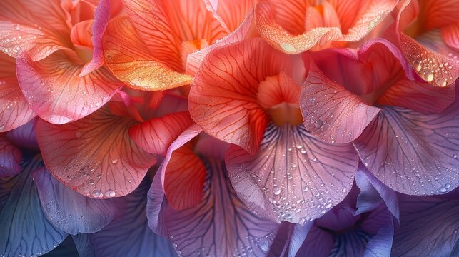 A close-up photograph of a flower with pink and orange petals and water droplets on them.