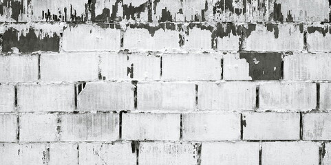 Old Painted Brickwall. Weathered Whitewashed Brick Wall. Monochrome. Black and white