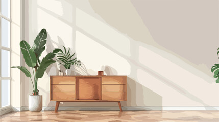 Wooden cabinet and coffee table with houseplant near